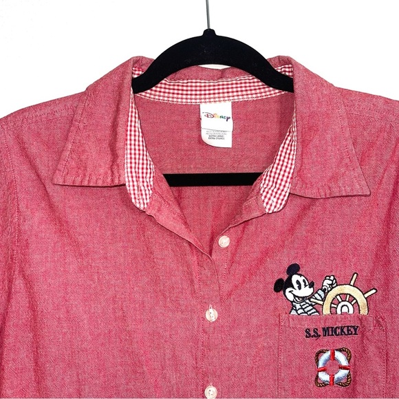 Disney 100% Cotton S.S. Mickey Red Button Down Shirt Xlarge Women’s - Picture 2 of 11